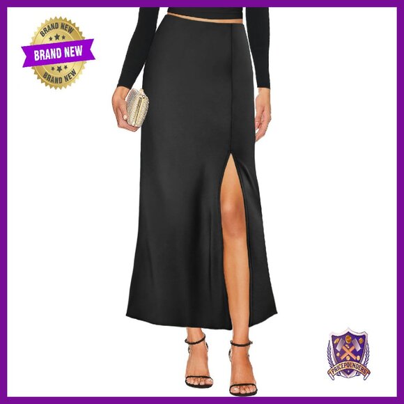 Dresses & Skirts - Satin Maxi Skirt High Waist Side Slit Elastic Waistband